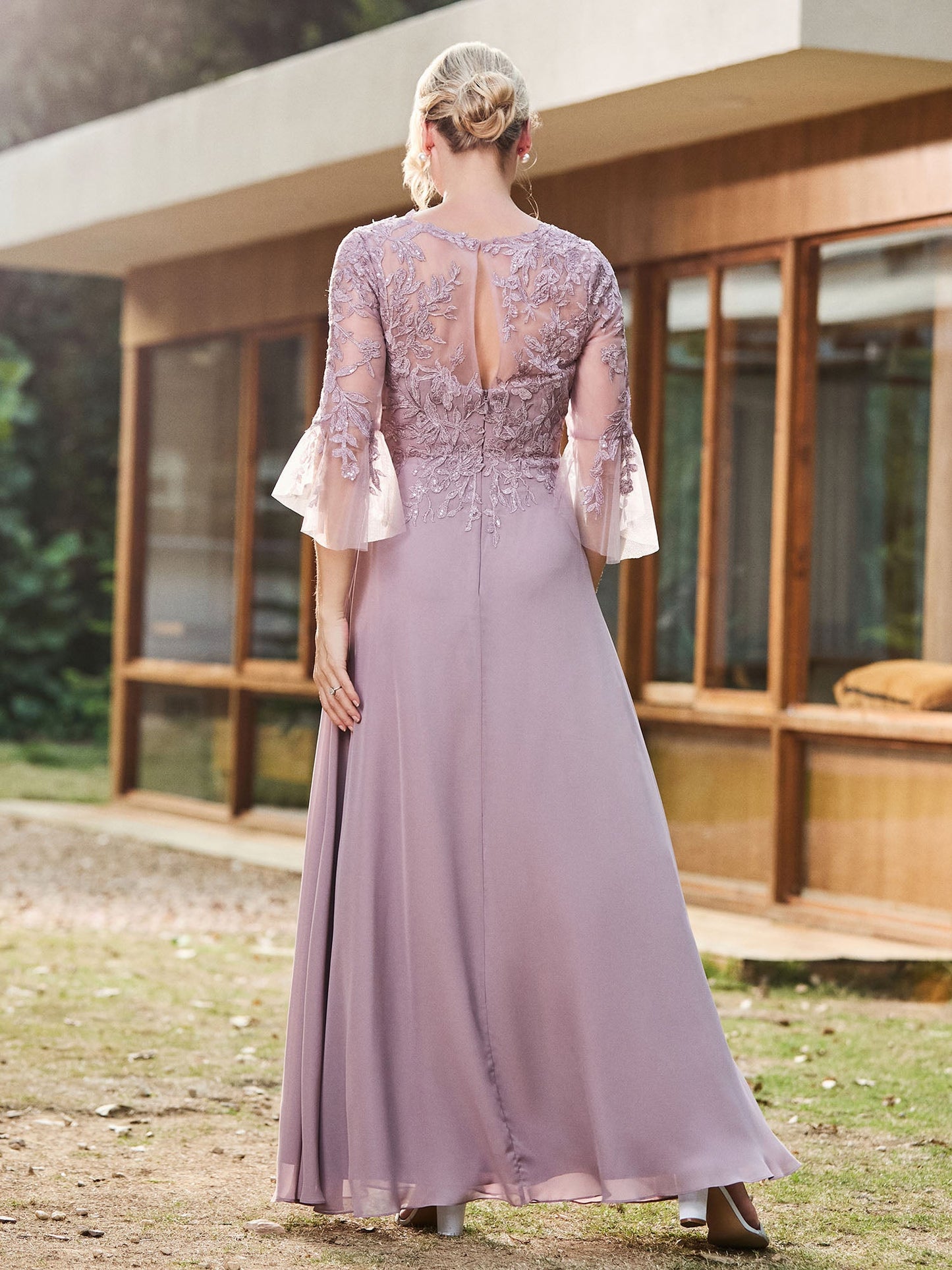 Illusion Half Sleeve Lace Applique Chiffon Dress Dusk