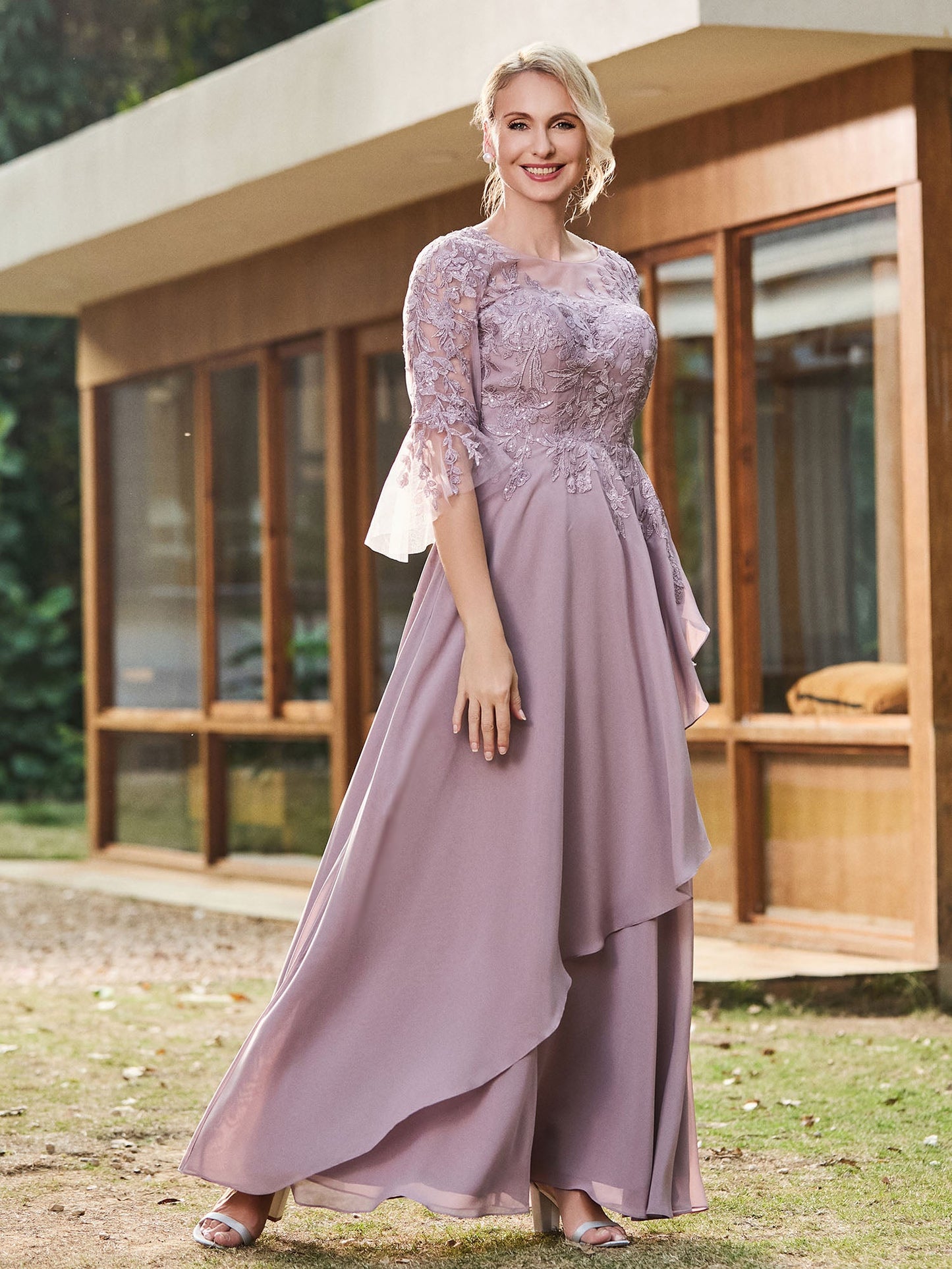 Illusion Half Sleeve Lace Applique Chiffon Dress Dusk