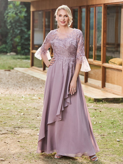 Illusion Half Sleeve Lace Applique Chiffon Dress Dusk