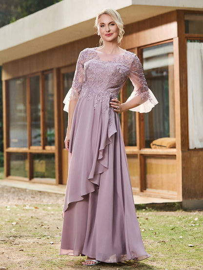 Illusion Half Sleeve Lace Applique Chiffon Dress Dusk
