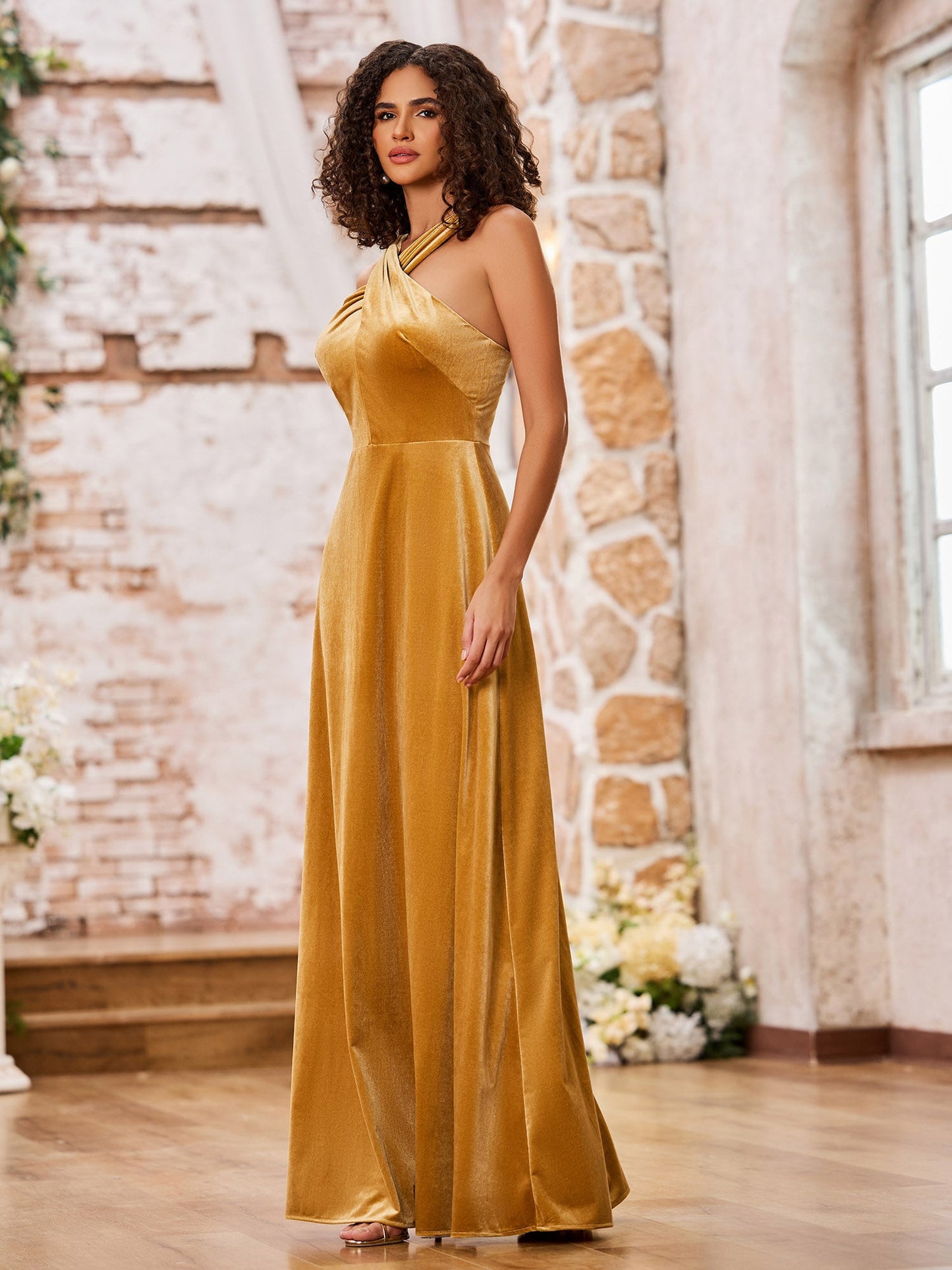 Velvet Grecian Neck Sleeveless Long Bridesmaid Gowns Gold