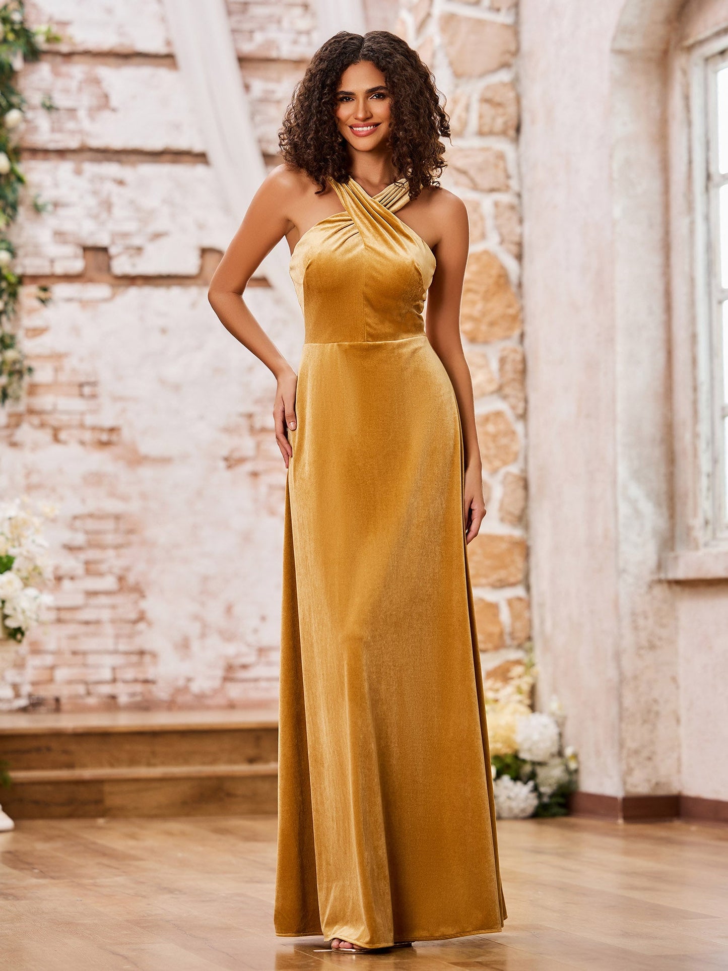 Velvet Grecian Neck Sleeveless Long Bridesmaid Gowns Gold