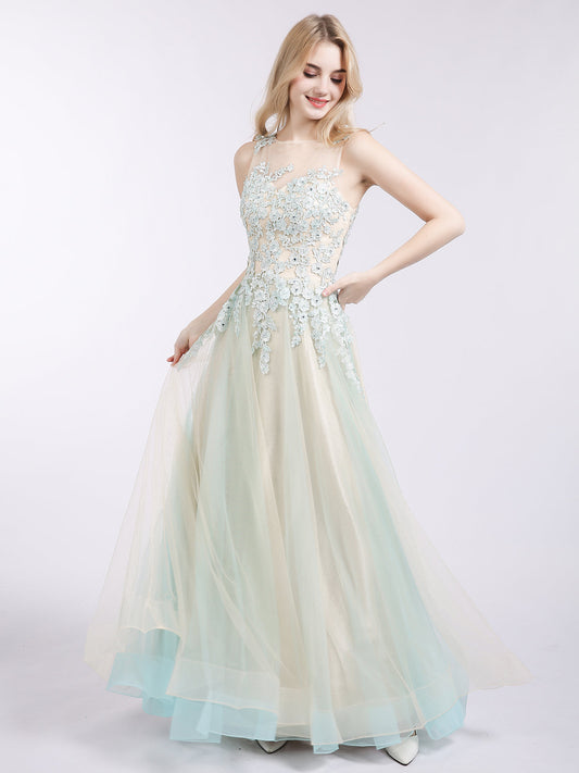 Illusion Neck Two Colors Tulle Dress-Champagne