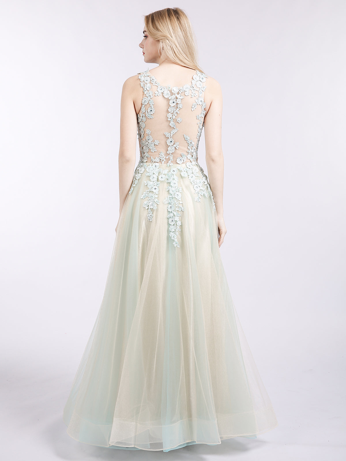 Illusion Neck Two Colors Tulle Dress-Champagne