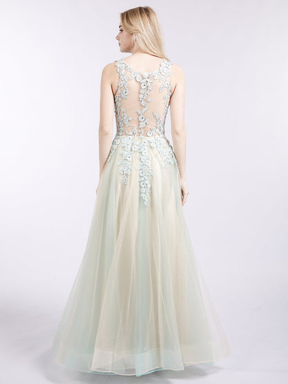 Illusion Neck Two Colors Tulle Dress-Champagne