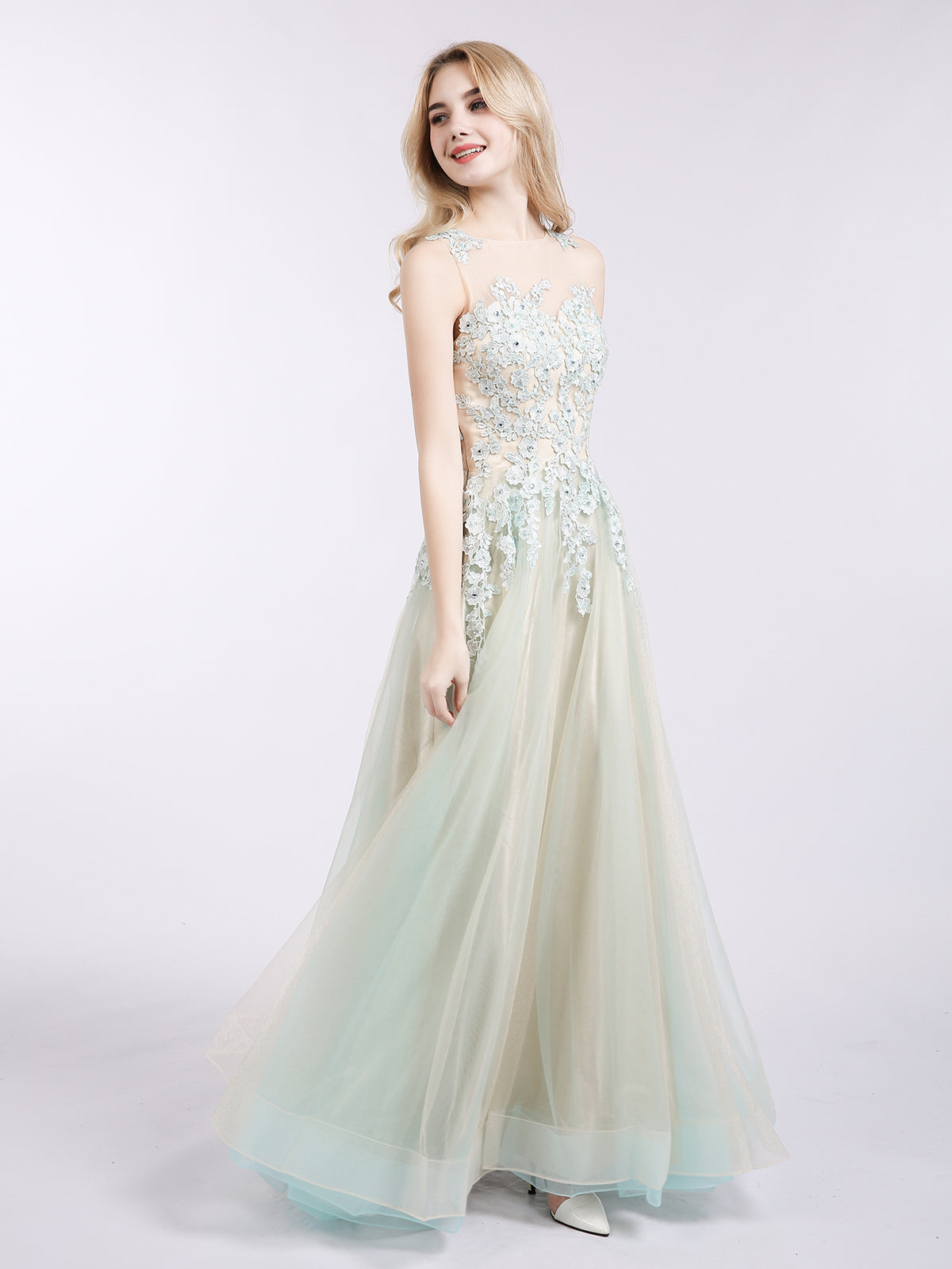 Illusion Neck Two Colors Tulle Dress-Champagne