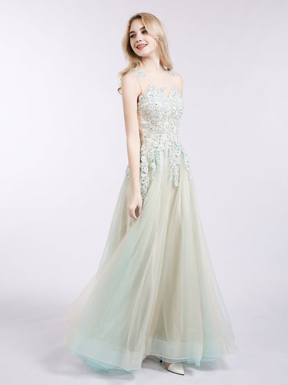 Illusion Neck Two Colors Tulle Dress-Champagne