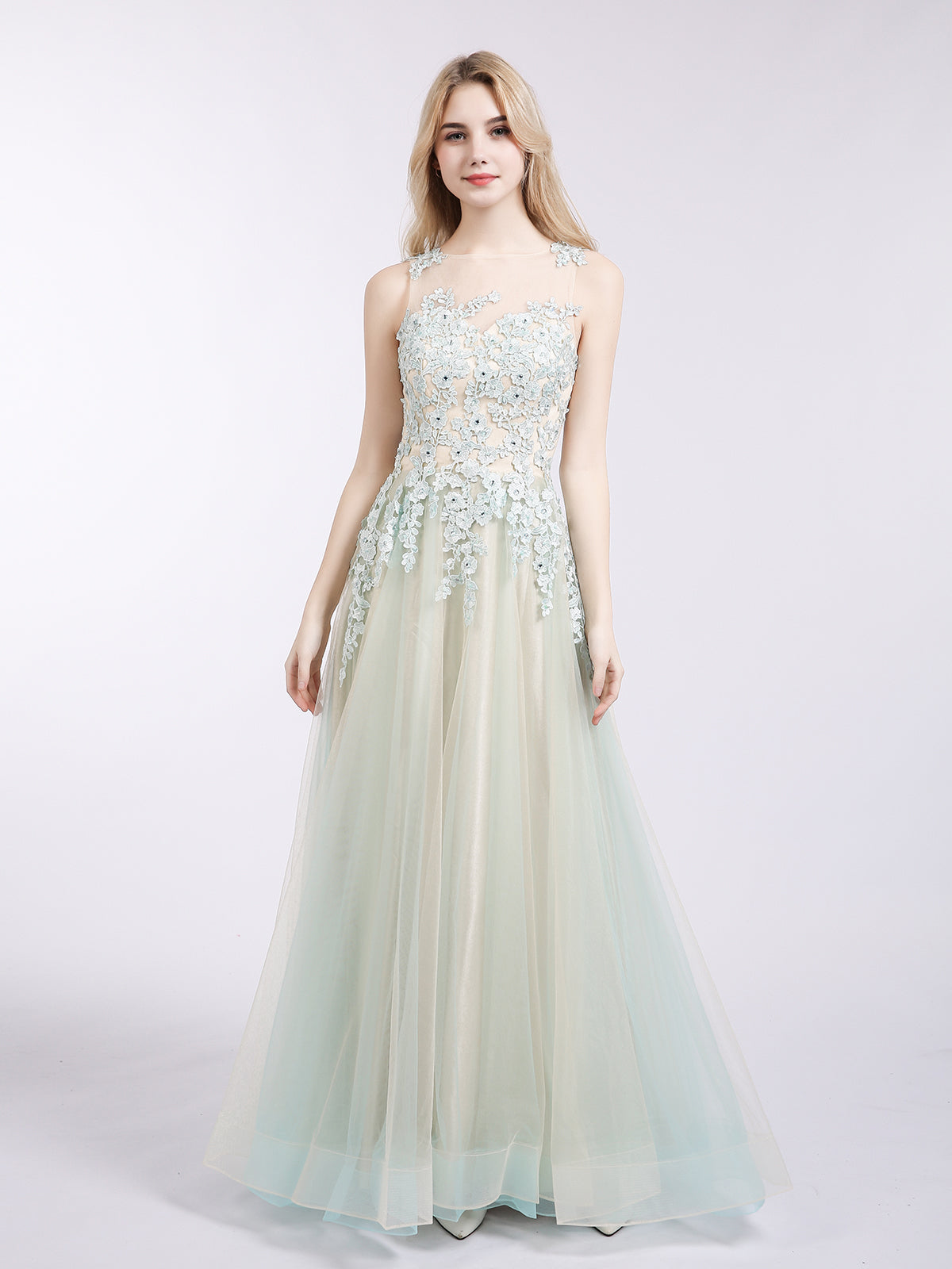 Illusion Neck Two Colors Tulle Dress-Champagne