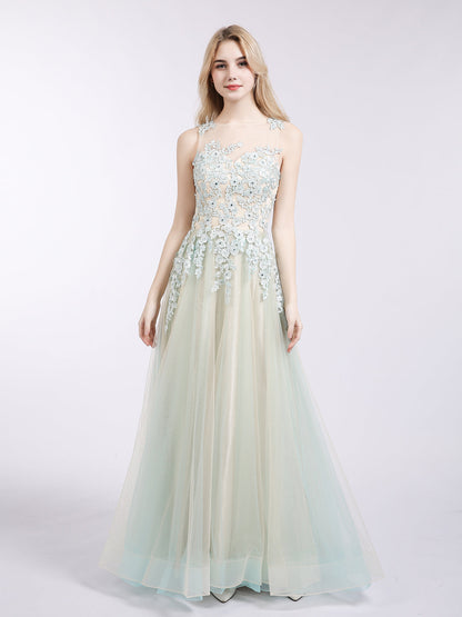 Illusion Neck Two Colors Tulle Dress-Champagne