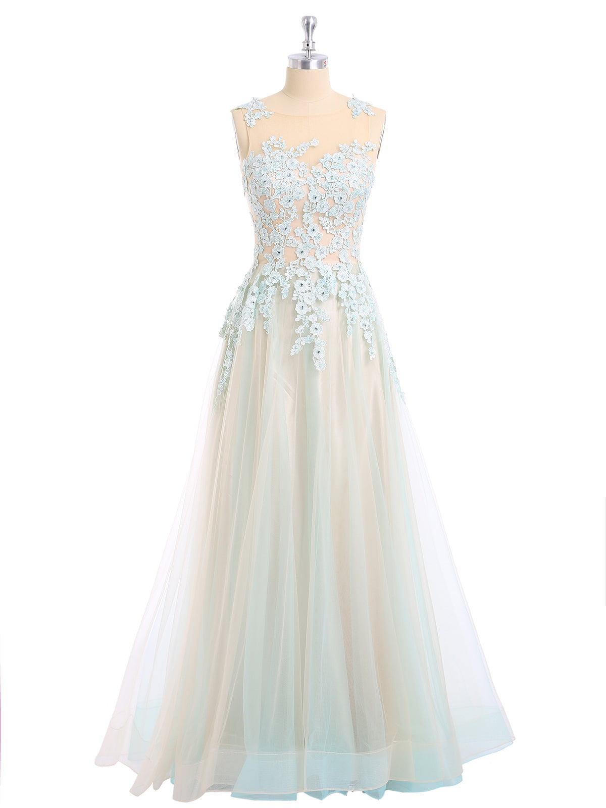 Illusion Neck Two Colors Tulle Dress-Champagne