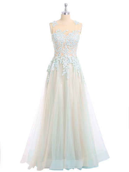 Illusion Neck Two Colors Tulle Dress-Champagne