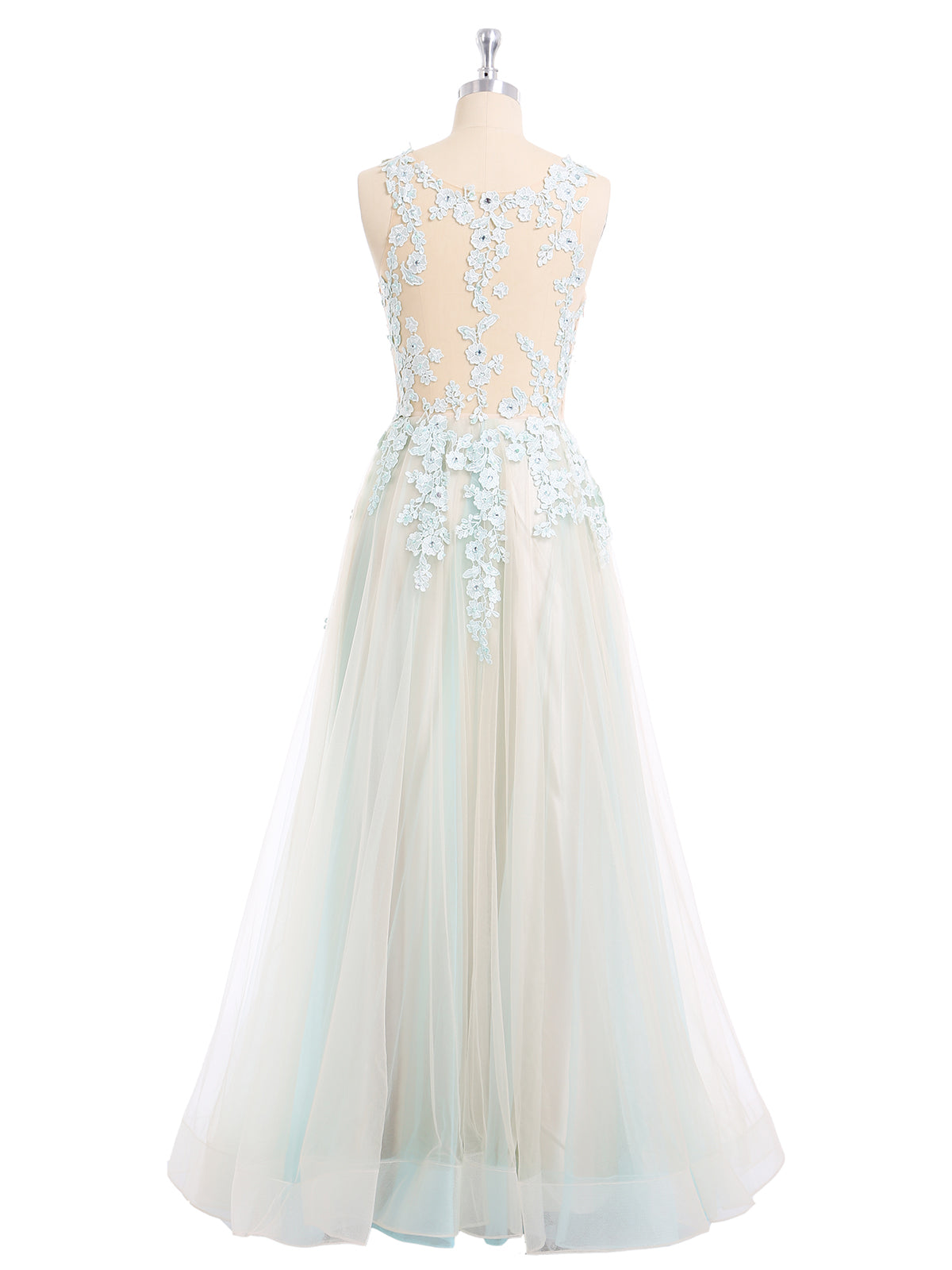 Illusion Neck Two Colors Tulle Dress-Champagne