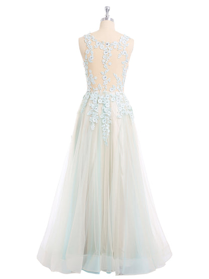Illusion Neck Two Colors Tulle Dress-Champagne