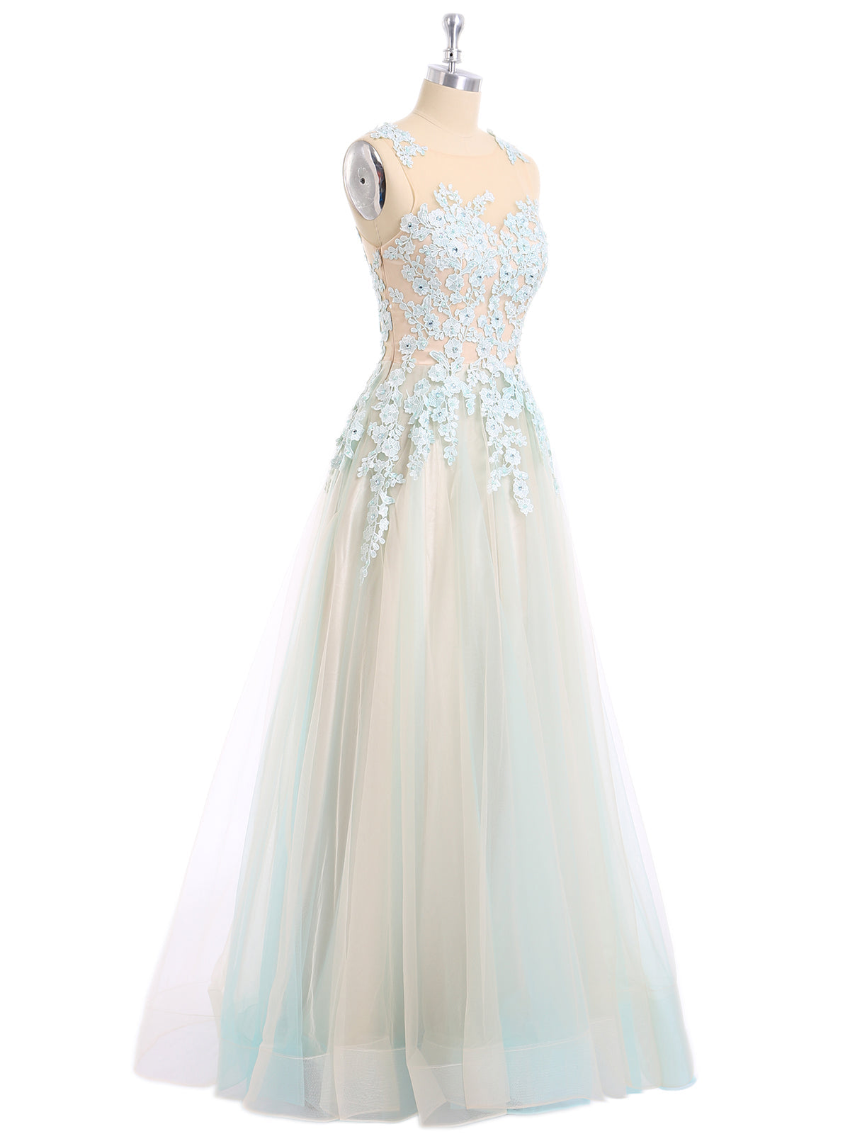 Illusion Neck Two Colors Tulle Dress-Champagne