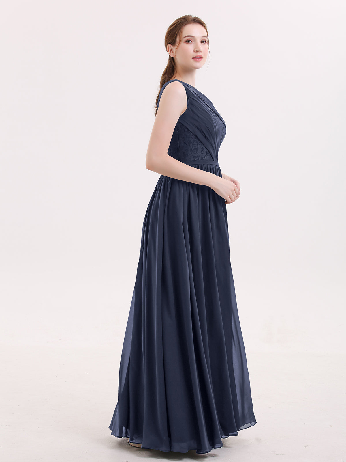 One Shoulder Chiffon and Lace Bridesmaid Dress-Dark Navy
