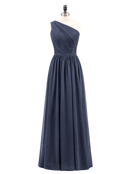 One Shoulder Chiffon and Lace Bridesmaid Dress-Dark Navy