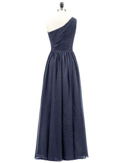 One Shoulder Chiffon and Lace Bridesmaid Dress-Dark Navy