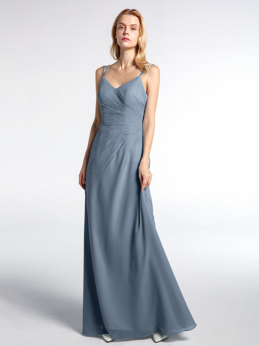 Double Straps Cross Back Chiffon Maxi Dress-Dusty Blue