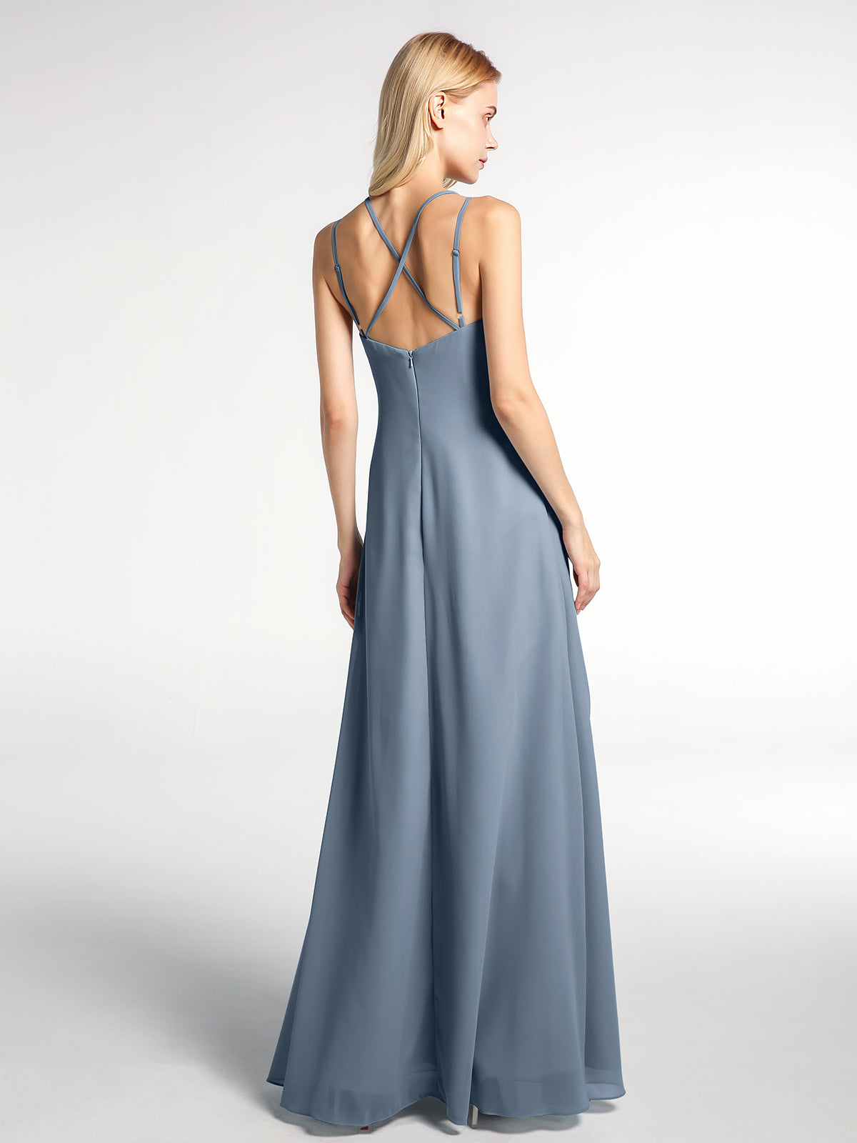Double Straps Cross Back Chiffon Maxi Dress-Dusty Blue