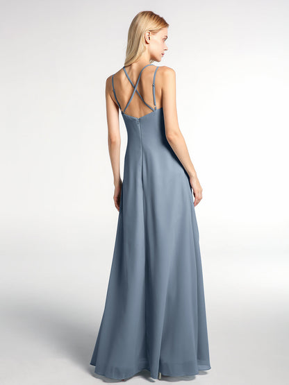 Double Straps Cross Back Chiffon Maxi Dress-Dusty Blue
