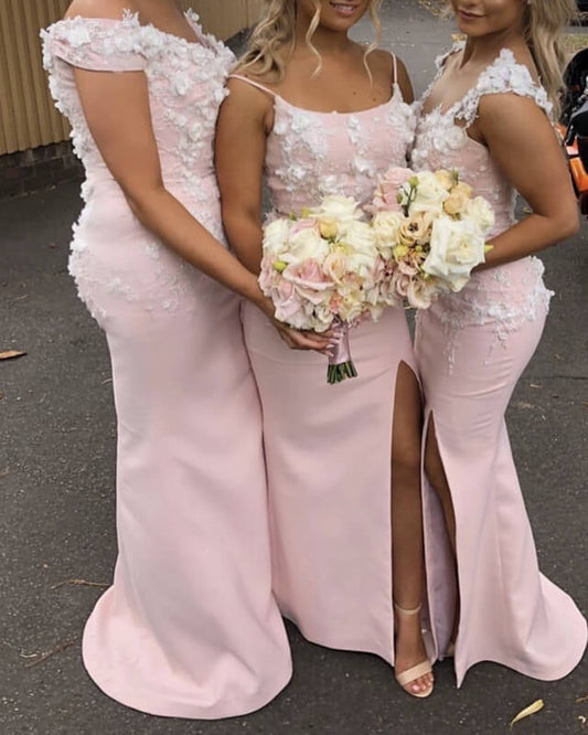 Mermaid Pink Bridesmaid Dresses With Ivory Flowers