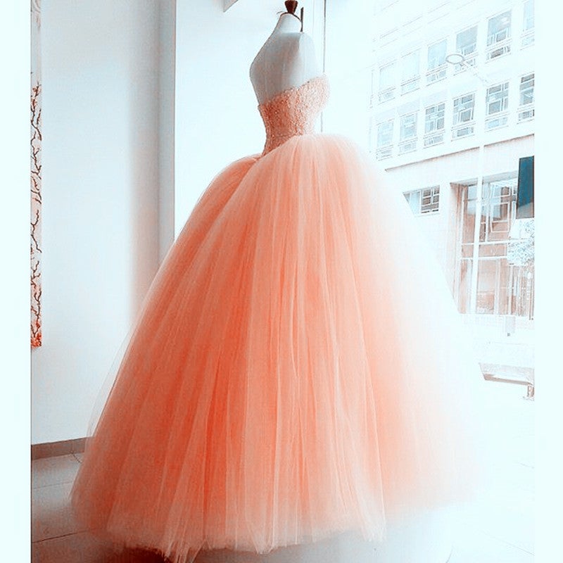 Pink Coral Lace Beading Tulle Ball Gowns Quinceanera Dresses
