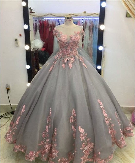 Pink Floral Lace Appliques Gray Tulle Ball Gowns Wedding Dresses