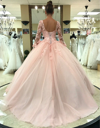 Pink Lace Appliques Ball Gowns Quinceanera Dresses Long Sleeves