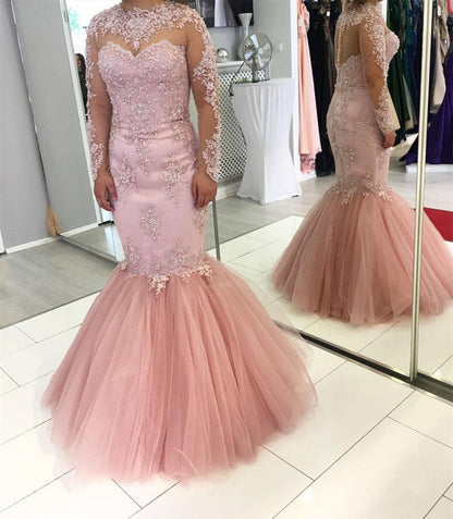 Pink Lace Appliques Long Sleeves Mermaid Evening Dresses