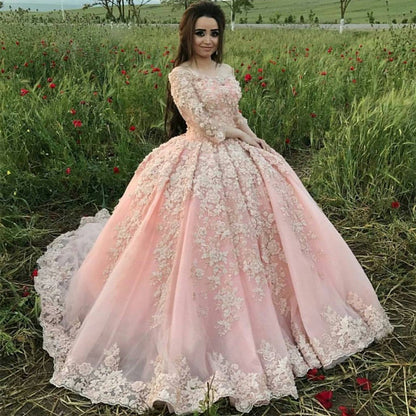 Pink Lace Long Sleeves Ball Gowns Wedding Dresses