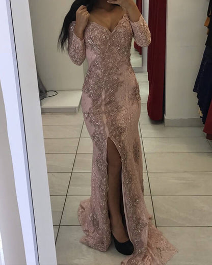 Pink Lace Prom Dress Mermaid V-neck