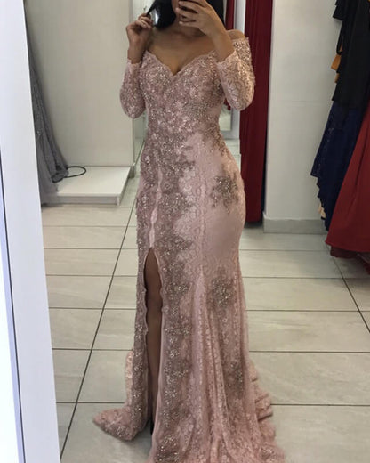 Pink Lace Prom Dress Mermaid V-neck