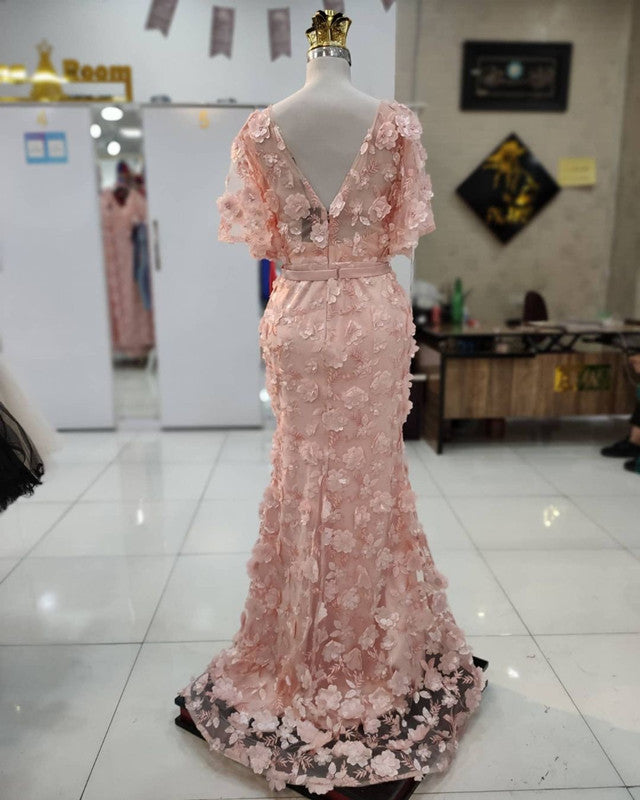 3D Lace Flowers Mermaid V Neck Puffy Sleeves Dresses