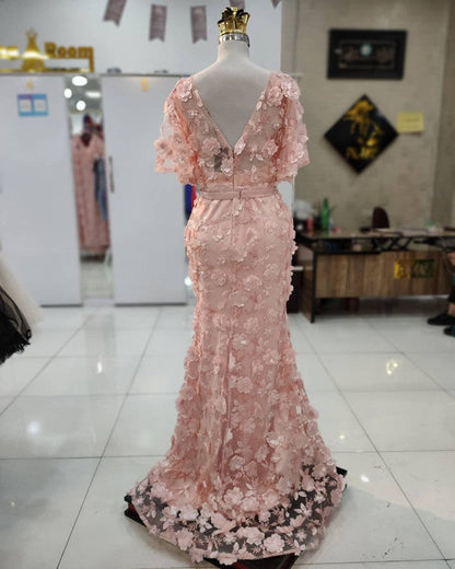 3D Lace Flowers Mermaid V Neck Puffy Sleeves Dresses