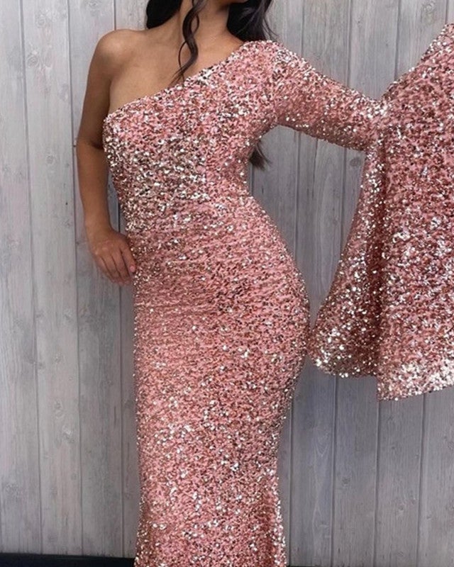 Pink Mermaid One Shoulder Sequin Prom Dresses