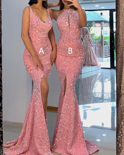 Pink Mermaid Prom Dresses Velvet Sequins Evening Gowns