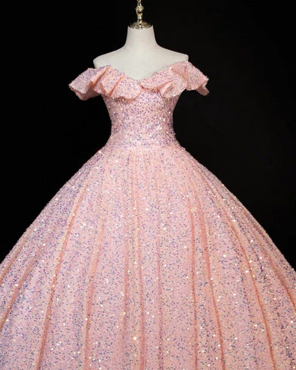 Pink Sequin Prom Ball Gown Ruffle Shoulder Dresses