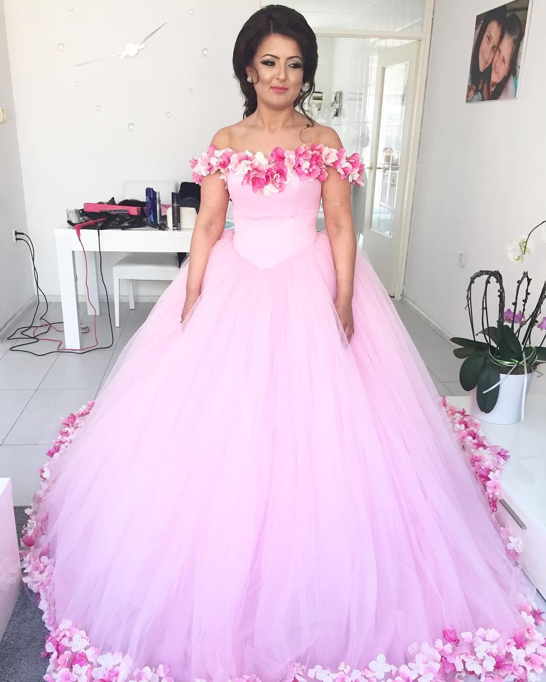 Pink Tulle Floral Flower Ball Gowns Quinceanera Dresses Off Shoulder
