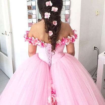 Pink Tulle Floral Flower Ball Gowns Quinceanera Dresses Off Shoulder