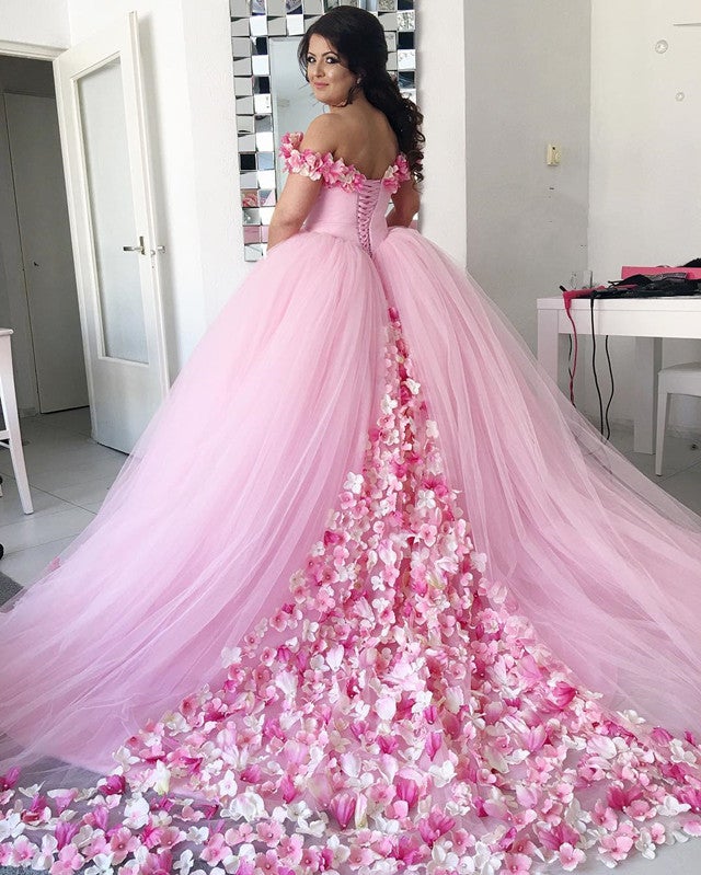 Pink Tulle Floral Flower Ball Gowns Quinceanera Dresses Off Shoulder