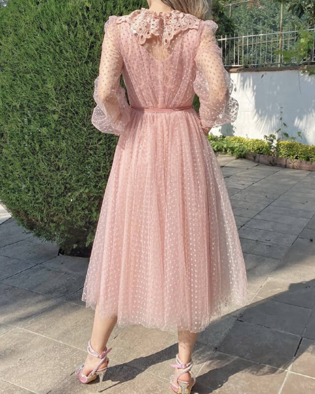 Long Sleeve Pink Tulle Midi Dress