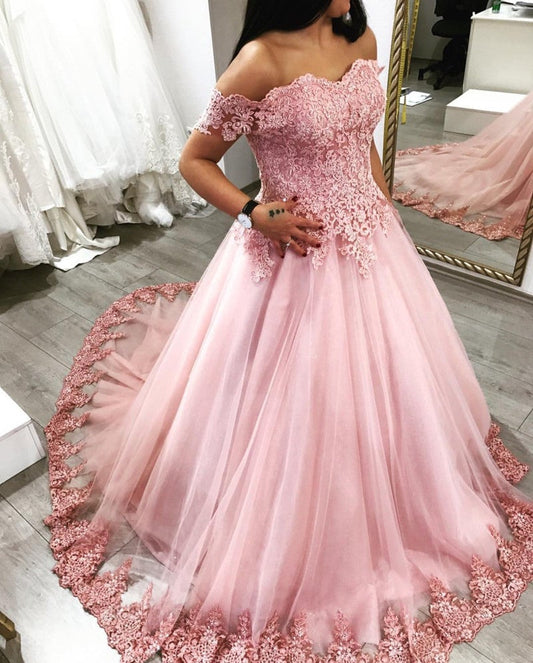 Pink Tulle Sweetheart Ball Gown Wedding Dresses Lace Off The Shoulder