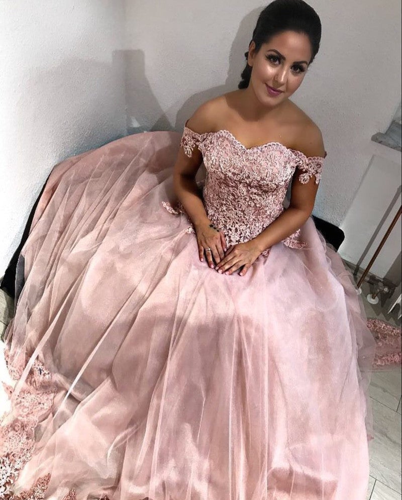 Pink Tulle Sweetheart Ball Gown Wedding Dresses Lace Off The Shoulder