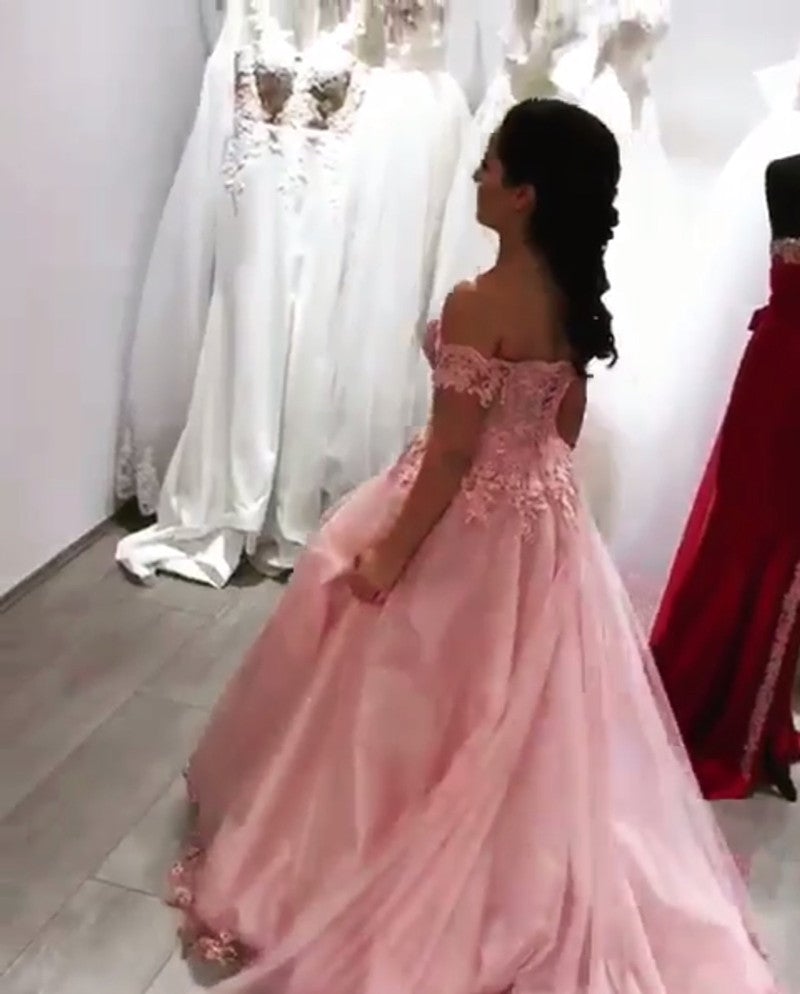 Pink Tulle Sweetheart Ball Gown Wedding Dresses Lace Off The Shoulder