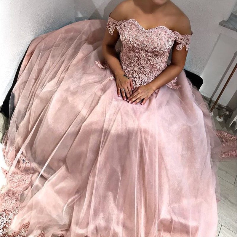 Pink Tulle Sweetheart Ball Gown Wedding Dresses Lace Off The Shoulder