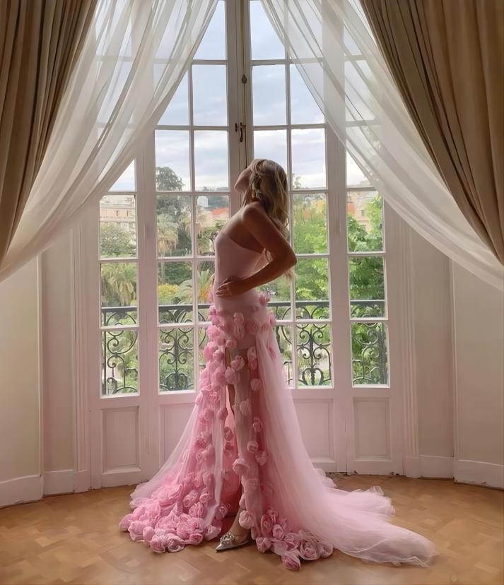 Pink 3D Floral Mermaid Tulle Long Prom Dress, AST918