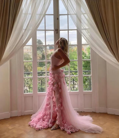 Pink 3D Floral Mermaid Tulle Long Prom Dress, AST918