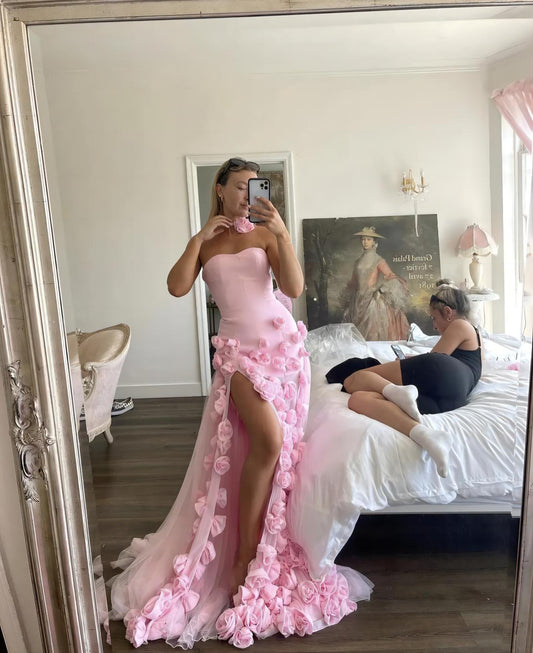 Pink 3D Floral Mermaid Tulle Long Prom Dress, AST918