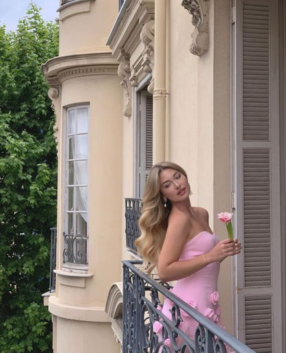 Pink 3D Floral Mermaid Tulle Long Prom Dress, AST918