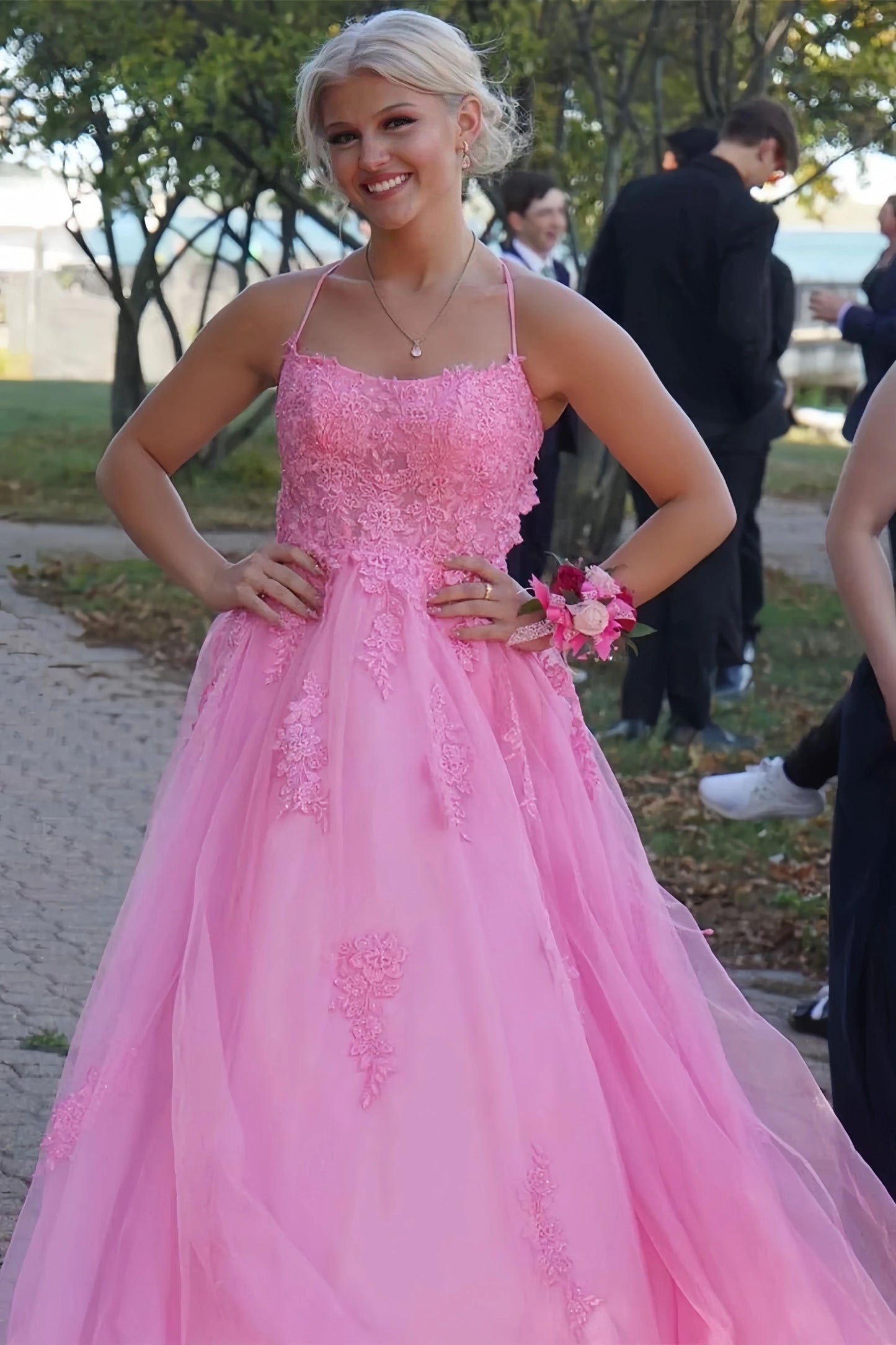 Pink A-Line Lace Up Prom Dresses With Split, AST1584